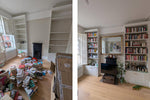 Home library with used books being sorted before downsizing
