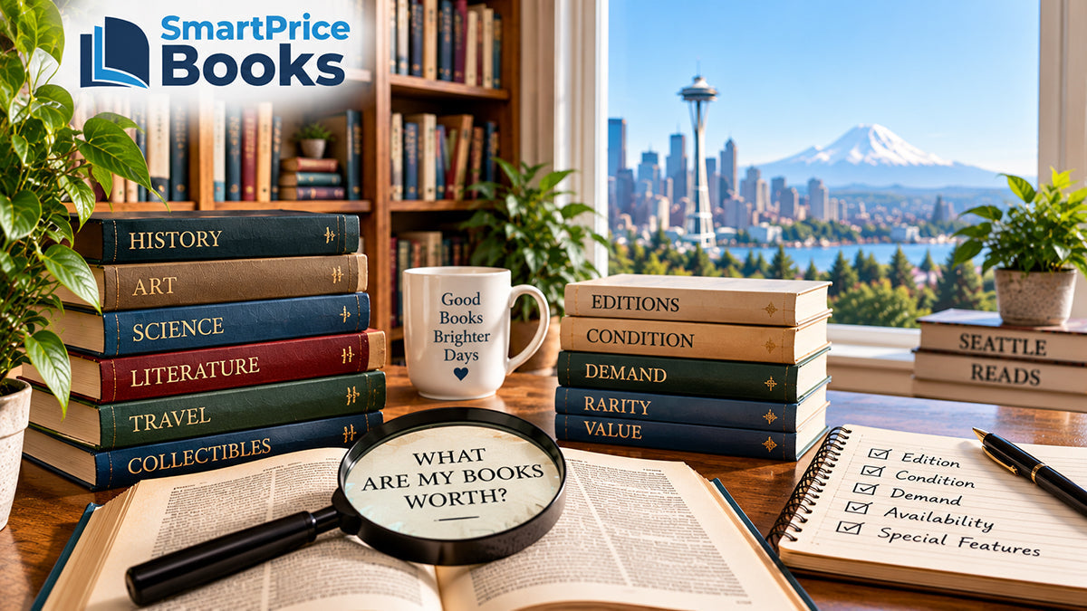 Used books being evaluated by edition, condition, demand, and rarity