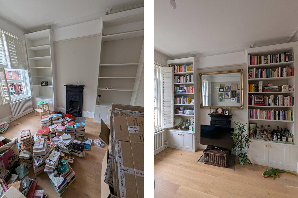 Home library with used books being sorted before downsizing