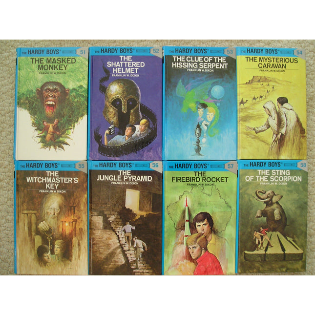Hardy Boys Set 51-58 (Masked Monkey ~ Shattered Helmet ~ Clue of the Hissing Serpent ~ Mysterious Caravan ~ Witchmaster's Key ~ Jungle Pyramid ~ Firebird Rocket ~ Sting of the Scorpion)